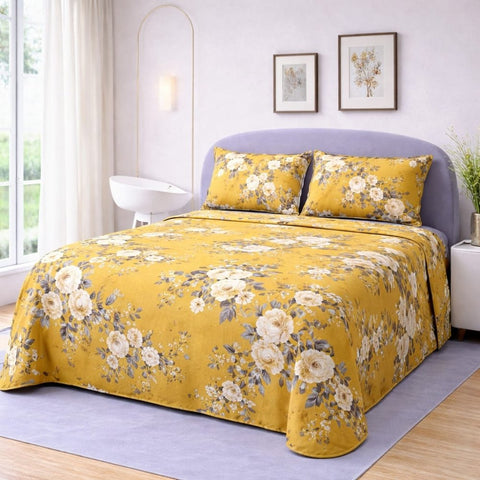 Elegant Yellow Flora Printed Bedsheet (3pcs) - The Linen House