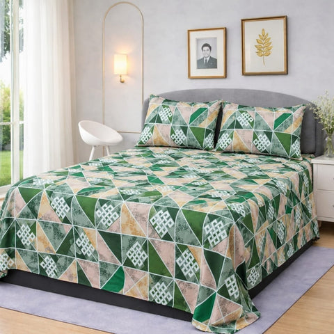 Emerald Green Geometric Printed Bedsheet Set (3pcs) - The Linen House