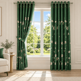 Emerald Green White Blossom Printed Curtain - The Linen House