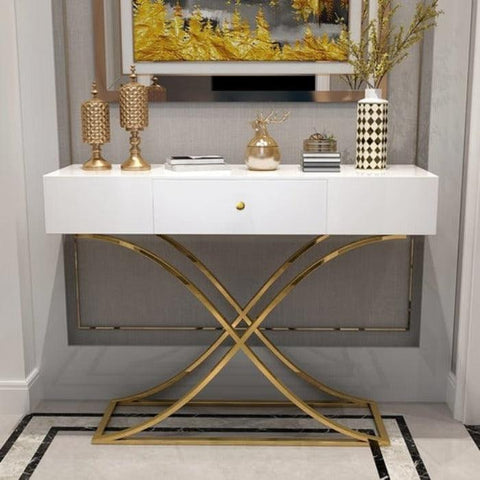 White Console Table with Drawer Entryway Table Contemporary for Hallway X Gold Base - The Linen House