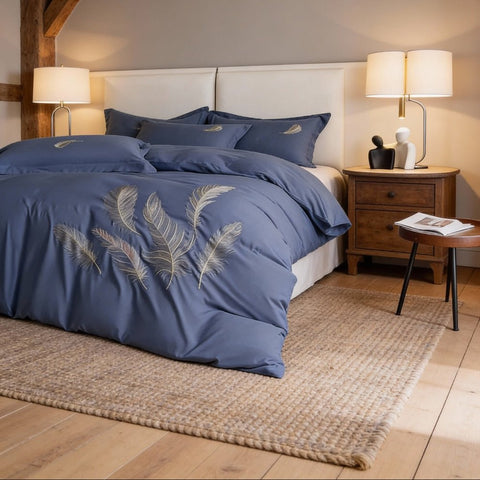 Feather Pattern Cotton Satin Embroidery Duvet Set - The Linen House