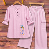 Floral Butterfly Embroidered Baggy Two Piece Suite - The Linen House