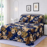 Floral Harmony in Navy and Yellow Printed Bedsheet - The Linen House