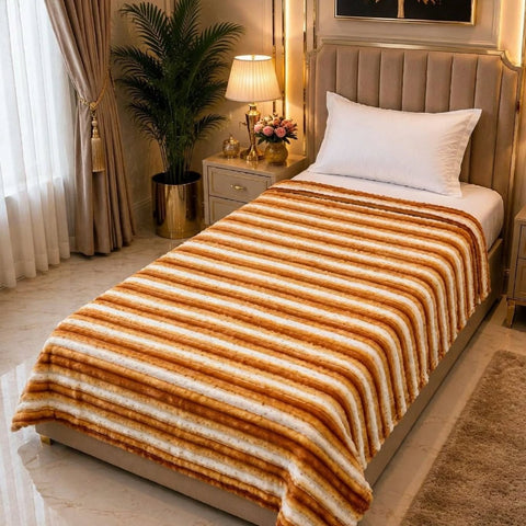 Golden Cream Stripe Single Fleece Blanket - The Linen House
