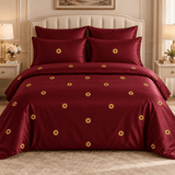 Golden Sunflower Maroon Embroidered Bedding Set