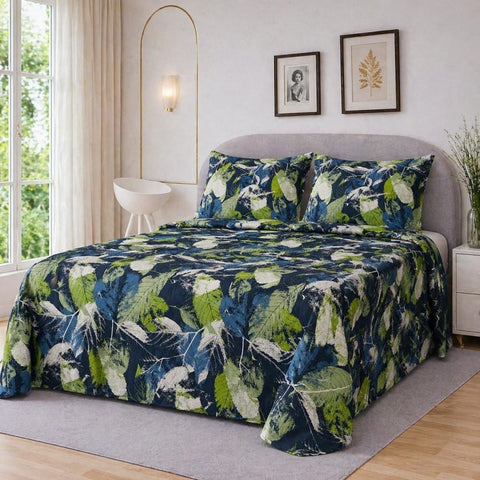 Green and Blue Leaf Printed Bedsheet - The Linen House