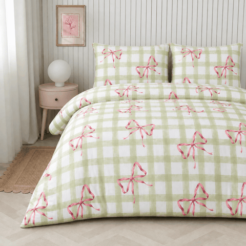 Green Bow Gingham Print Bedsheet – King Size - The Linen House
