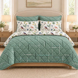 Green Check Birds Floral 6 Pcs Bedspread Set - The Linen House