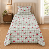Green Gingham Cherry Printed Single Bed Sheet - The Linen House