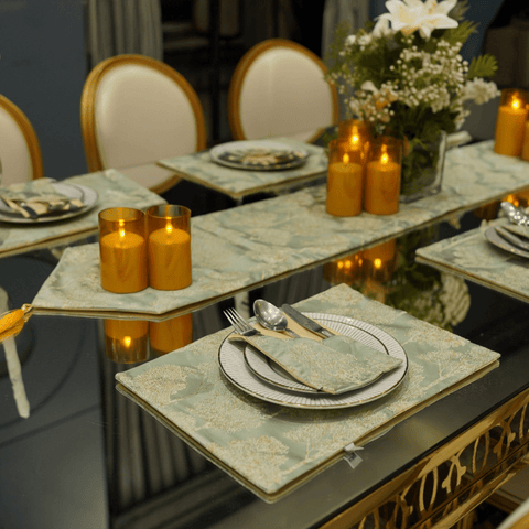 Green & Gold Jacquard Table Mat Set - The Linen House