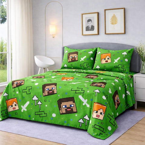 Green Pixel Game Printed Bed Sheet - The Linen House