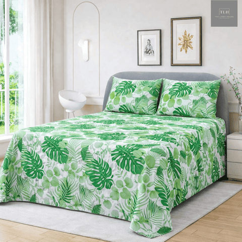Green Tropical Leaf Bedsheet (3pcs) - The Linen House