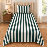 Green White Wide Stripe Printed Single Bed Sheet - The Linen House