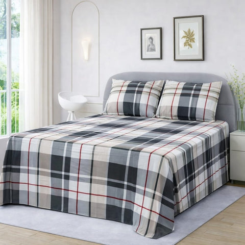 Grey & Beige Checkered Bedsheet Set (3pcs) - The Linen House