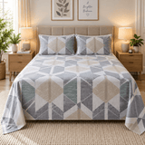 Grey Beige Geometric Printed Bed Sheet - The Linen House