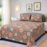 Grey & Coral Floral Printed Bedsheet Set (3pcs) - The Linen House
