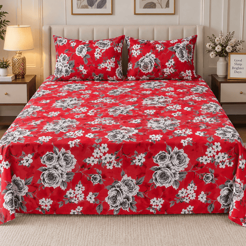 Grey Flower Printed Bedsheet - The Linen House