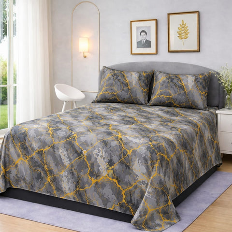Grey & Gold Marble Luxury Printed Bedsheet Set (3pcs) - The Linen House