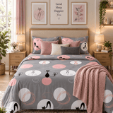 Grey Pink Cats Printed Bed Sheet - The Linen House
