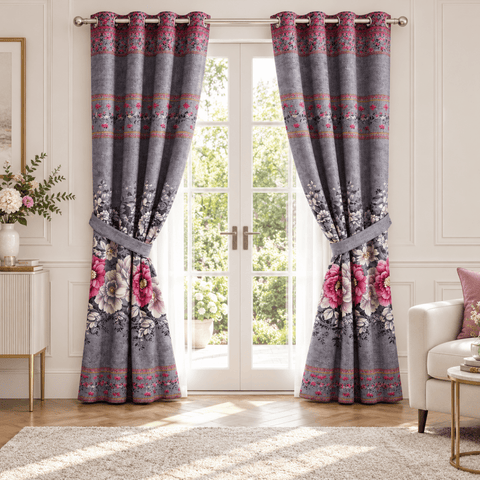 Grey Pink Floral Printed Curtain - The Linen House