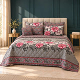 Grey & Pink Rose Floral 7 Pcs Bedspread Set - The Linen House