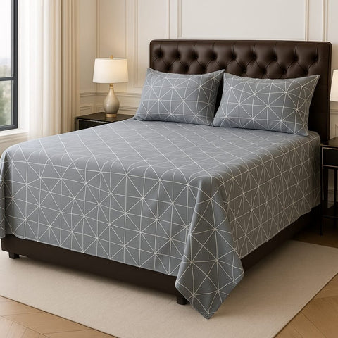 Grey & White Modern Grid Bedsheet (3pcs) - The Linen House