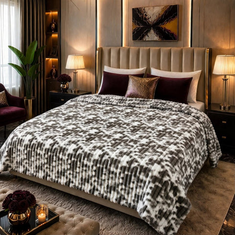 Grey White Mosaic Ribbed Faux Fur Waffle Blanket - The Linen House