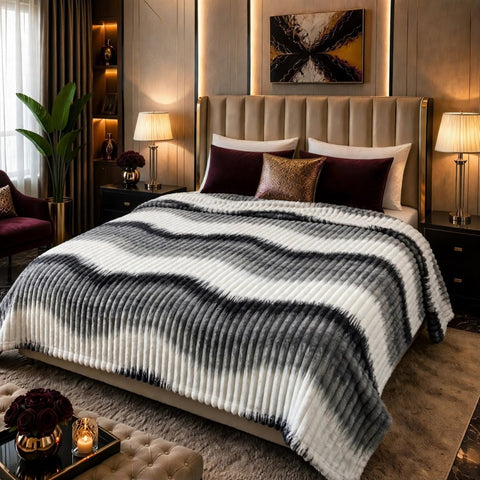 Grey White Tie Dye Stripe Ribbed Faux Fleece Blanket - The Linen House