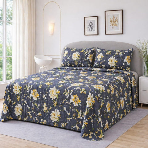 Grey & Yellow Floral Printed Bedsheet Set (3pcs) - The Linen House
