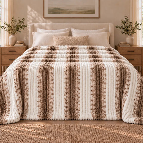 Beige Cream Stripe Ribbed Blanket
