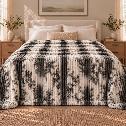 Charcoal Cream Tie-Dye Ribbed Blanket
