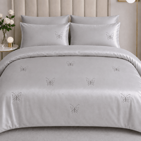 Light Grey Butterfly Embroidered Bedding Set - The Linen House