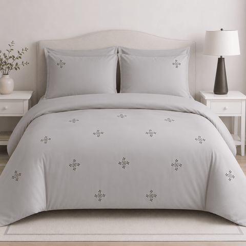 Light Grey Geometric Embroidered Duvet Cover Set - The Linen House