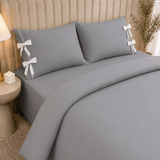 Light Grey Plain Bow Duvet Cover Set with 2 Pillow Covers