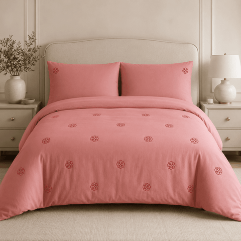 Light Red Rosette Embroidered Bedding Set - The Linen House