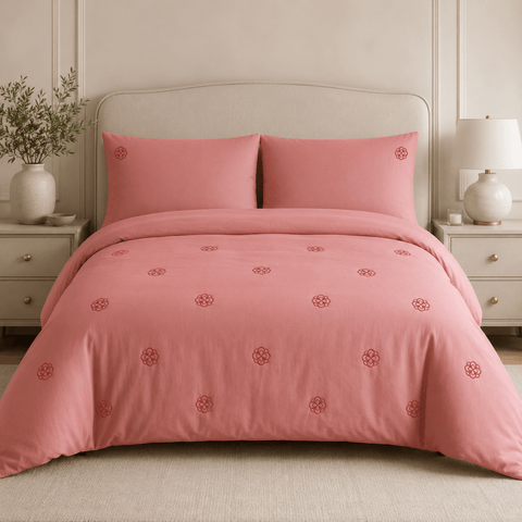 Light Red Rosette Embroidered Duvet Cover Set - The Linen House