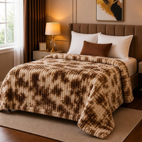 Luxury Beige Brown Tie-Dye Faux Rabbit Fur Blanket - The Linen House
