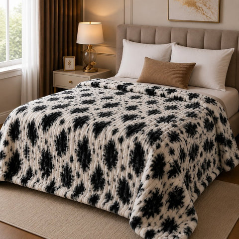 Luxury Black & White Tie-Dye Faux Rabbit Fur Blanket - The Linen House