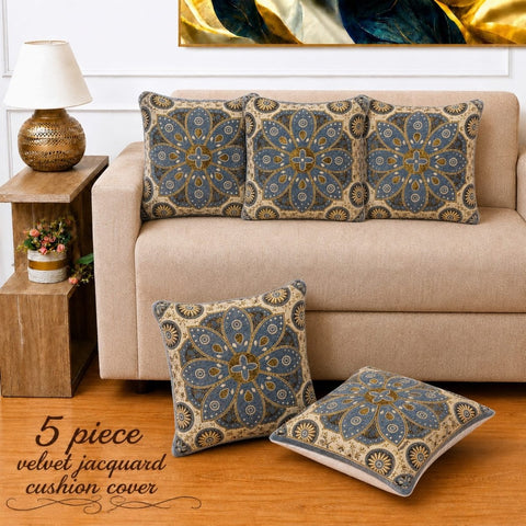 Luxury Blue & Beige Velvet Jacquard Cushion Cover(Pack of 5) - The Linen House