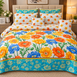 Luxury Blue & Orange Floral 7Pc Bedspread Set - The Linen House