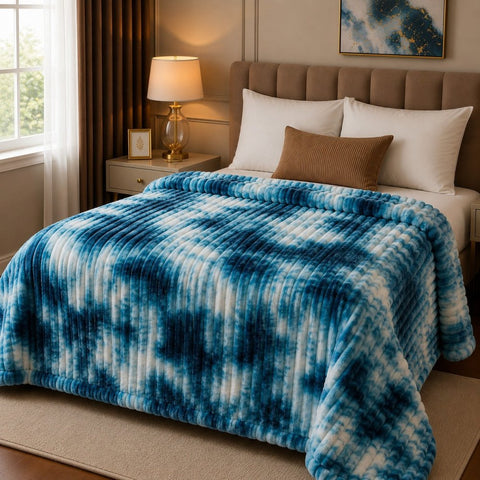 Luxury Blue Tie-Dye Faux Rabbit Fur Blanket - The Linen House