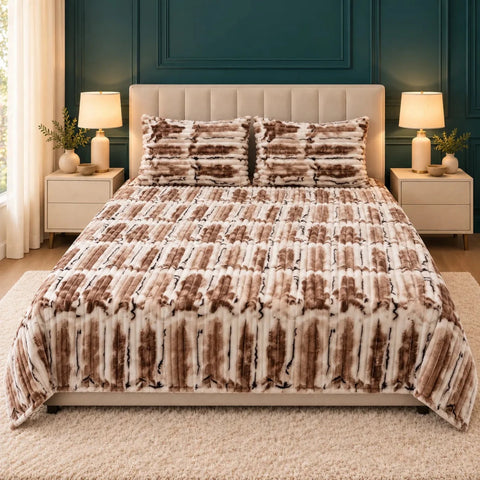 Luxury Brown & Cream Crackle Tie-Dye Fleece Bedsheet Set - The Linen House