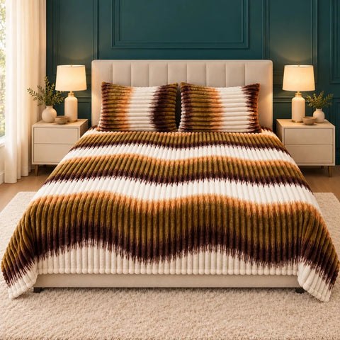Luxury Brown & Olive Ikat Stripe Fleece Bedsheet Set - The Linen House