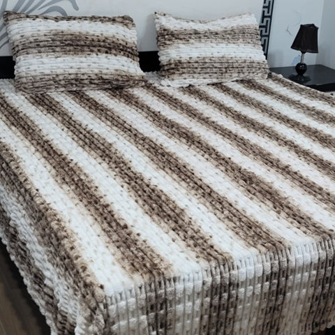 Luxury Brown & White Striped Fleece Bedsheet - The Linen House