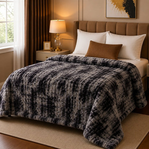 Luxury Charcoal Grey Tie-Dye Faux Rabbit Fur Blanket - The Linen House