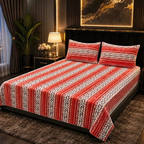 Luxury Coral Leaf Stripe Fleece Bedsheet - The Linen House