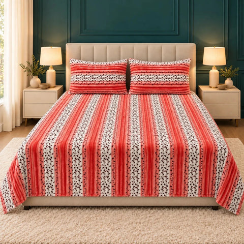Luxury Coral Red Speckled Stripe Fleece Bedsheet Set - The Linen House