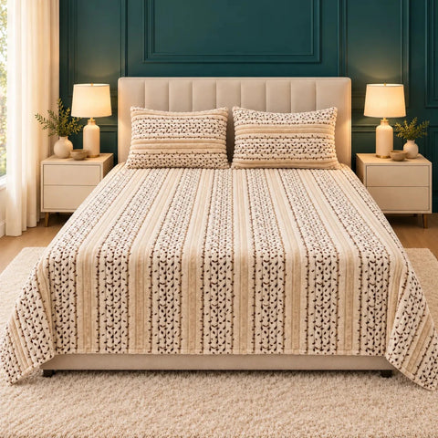 Luxury Cream & Brown Speckled Stripe Fleece Bedsheet Set - The Linen House