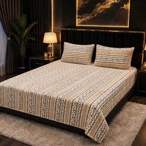 Luxury Cream Leaf Stripe Fleece Bedsheet - The Linen House