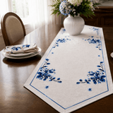 Luxury Embroidered Table Runner – White with Blue Floral Detailing - The Linen House